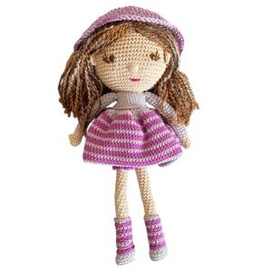 Handmade Amigurumi Crochet Girl Doll Stripe Dress Hat 14 Inch